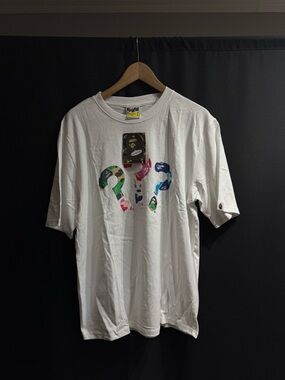 Bape White Multicolor Camo Question Mark Graphic Tee